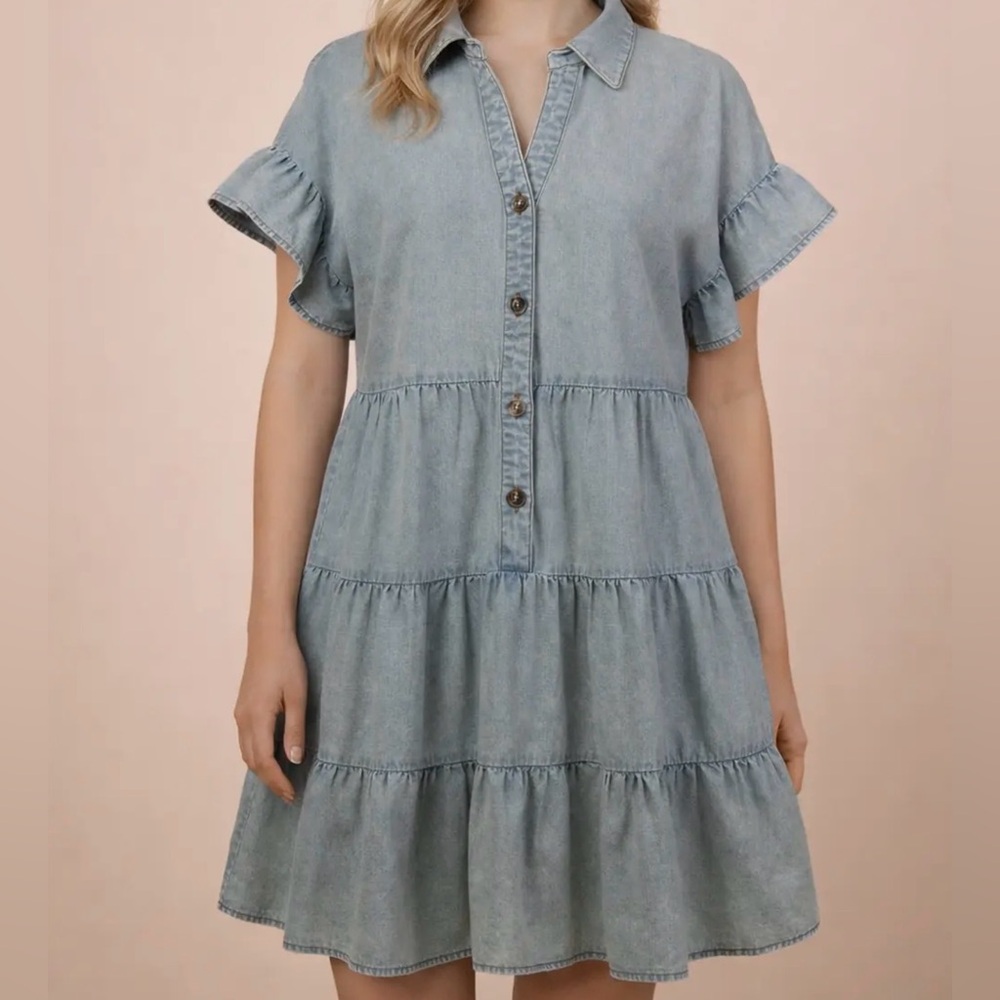 Mineral Washed Chambray Shirt Mini Dress - LT Indigo